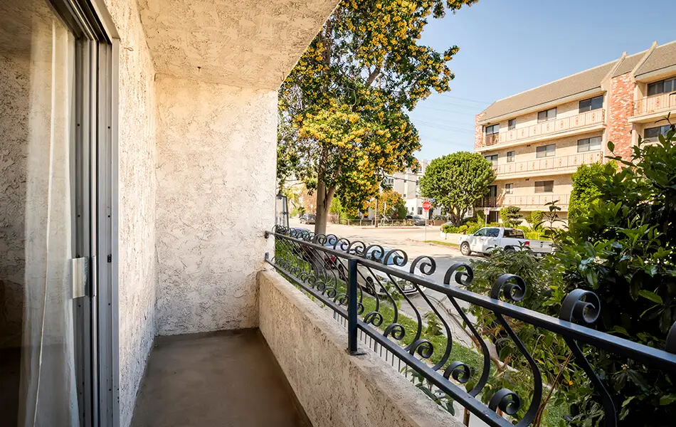 Street and neighborhood view from balcony at 11550 Nebraska Ave westside condo in West LA